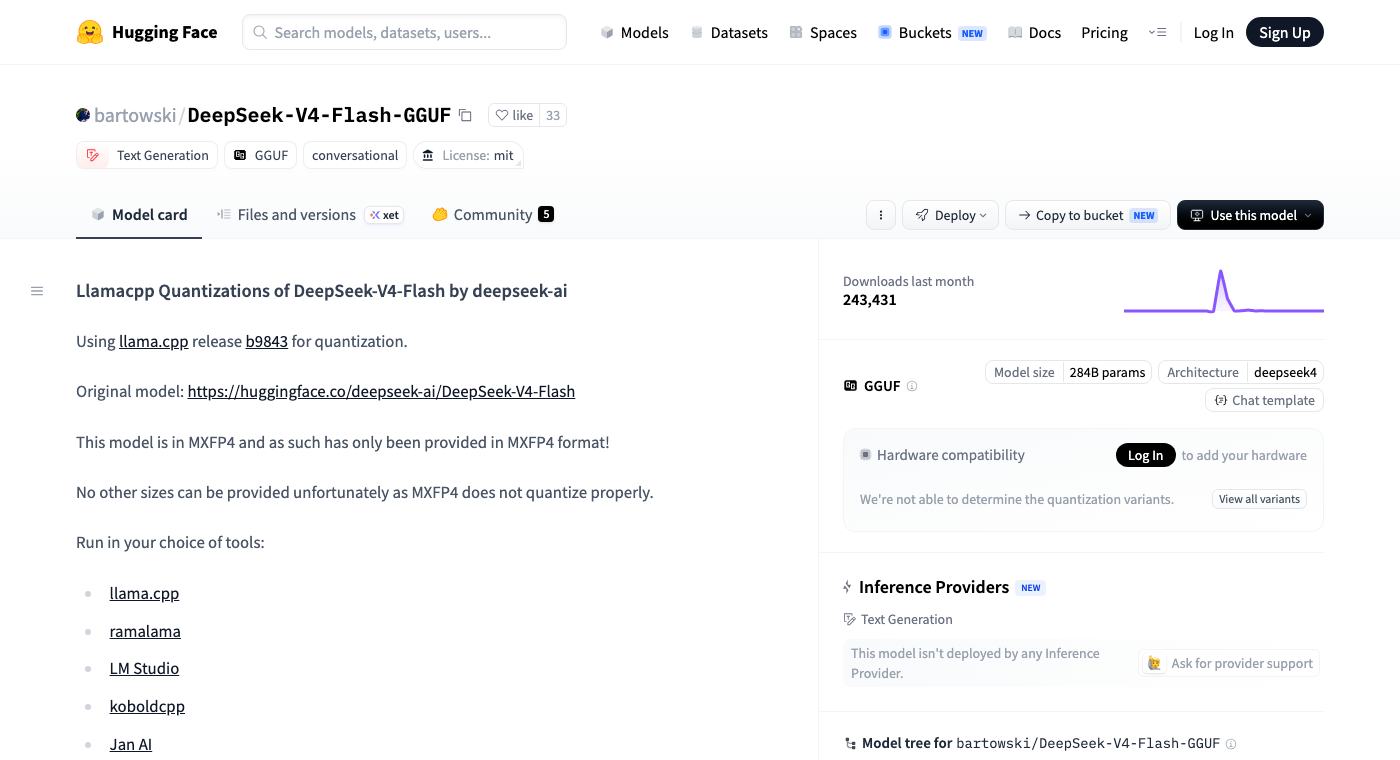 bartowski's DeepSeek-V4-Flash GGUF on HuggingFace, 243k downloads